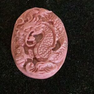 2” Pink Chinese Dragon Carved Stone Oval Pendant
